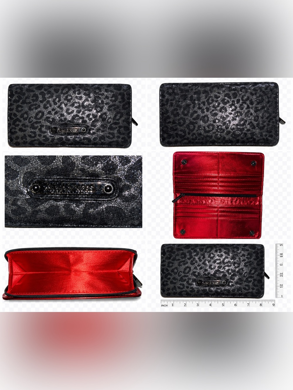Love Express Black Glitter Leopard Print Zip Around Wallet shiny Red Interior